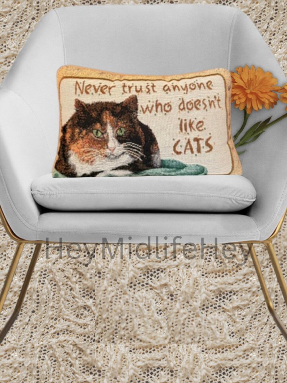 "Never trust anyone who doesn't like cats" tapestry accent pillow
